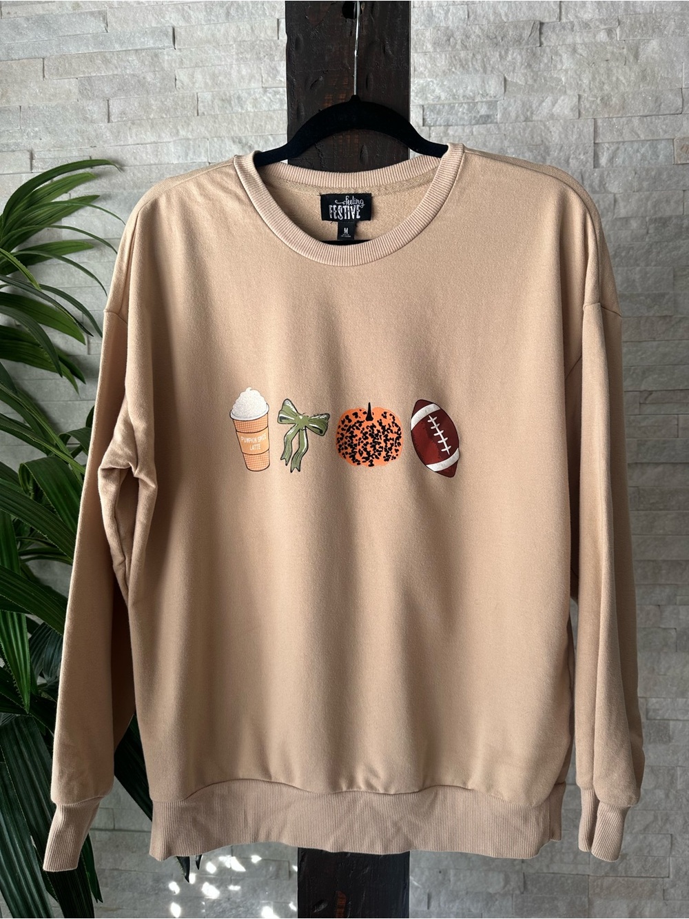 Feeling festive Fall Autumn Football Pumpkin Theme Tan Graphic Sweatshirt M